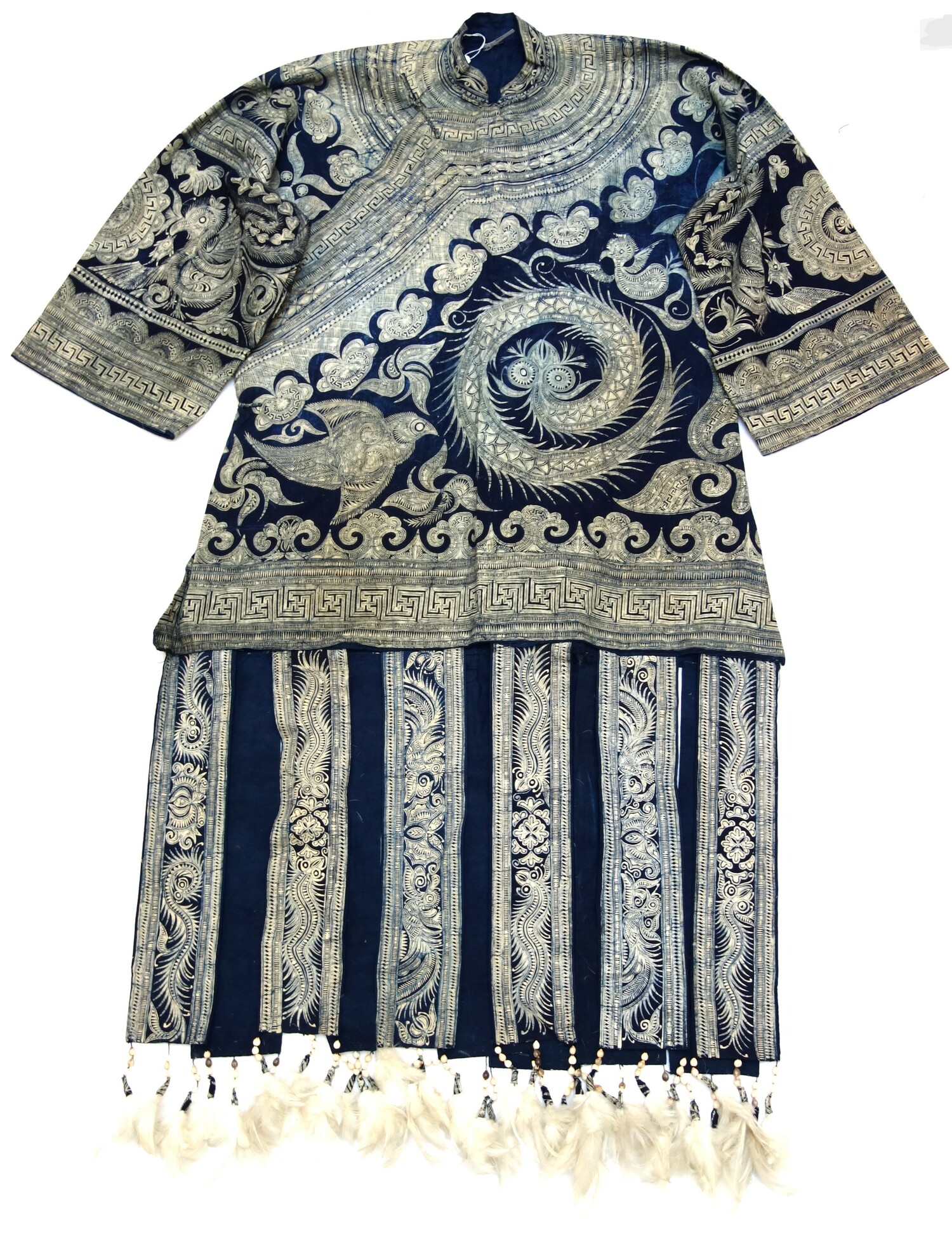 Fig. 7. Baibei Hundred-Birds Costume, cotton with indigo resist-dyeing (batik) and feather decoration. Guizhou Province, China, 20th century (TRC 2024.3404).