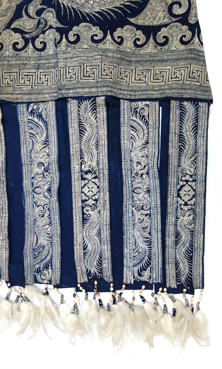 Fig. 8. Detail of the Baibei Hundred-Birds Costume showing the feathered hem and decorative batik motifs. Guizhou Province, China, 20th century (TRC 2024.3404).
