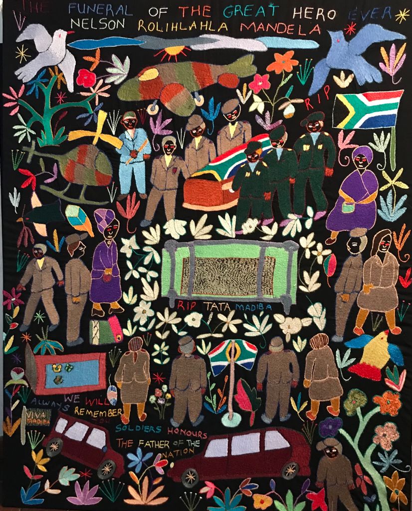 Mapula embroidery from South Africa, depicting the funeral of Nelson Mandela.