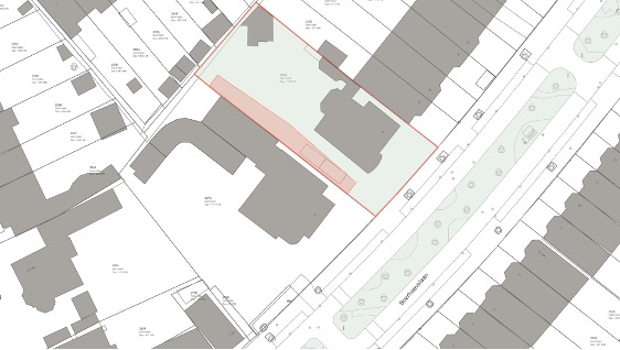 Ground plan of Boerhaavelaan 6 and garden. The planned annex will go to the right of the building (area in light brown). Drawing: Carl Greveling, CGA Rotterdam).