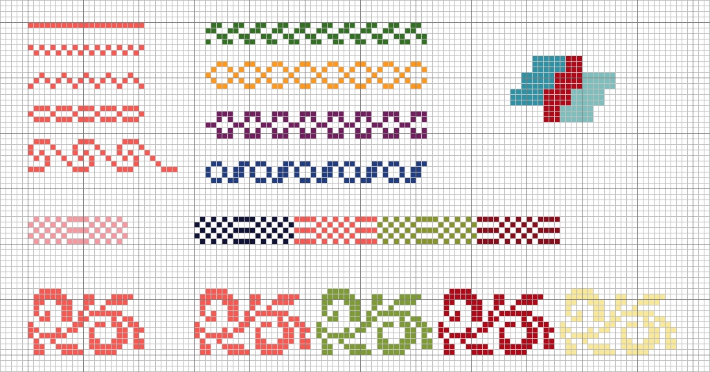 Border designs from various school samplers using Berlin wool work motifs.