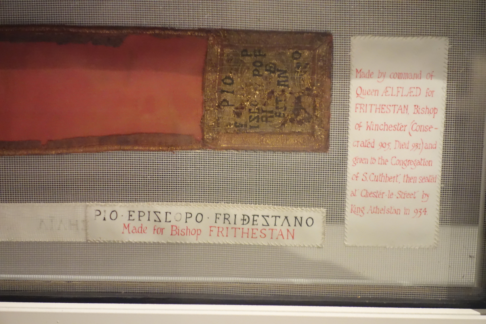 Fragment of a 10th century gold embroidered stole, contained in the tomb of St Cuthbert. Durham Cathedral. Photograph by author.