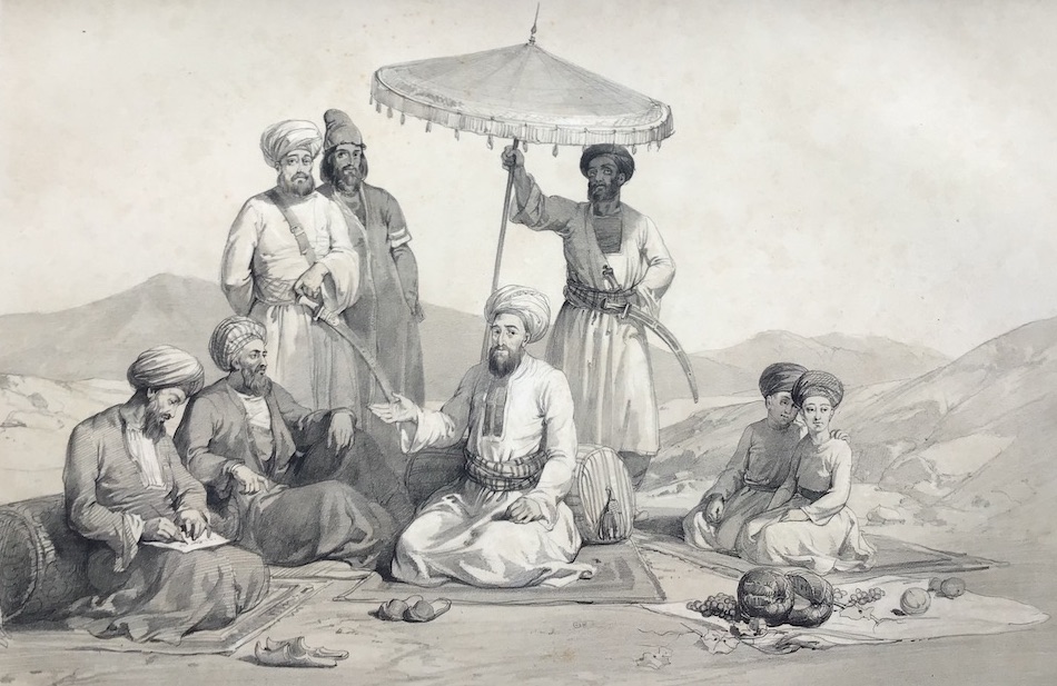 Fig. 1: "Umeer Dost Mahomed Khan”.Tinted lithograph. Plate XII in Hart and Atkinson 1843. TRC 2025.0194.