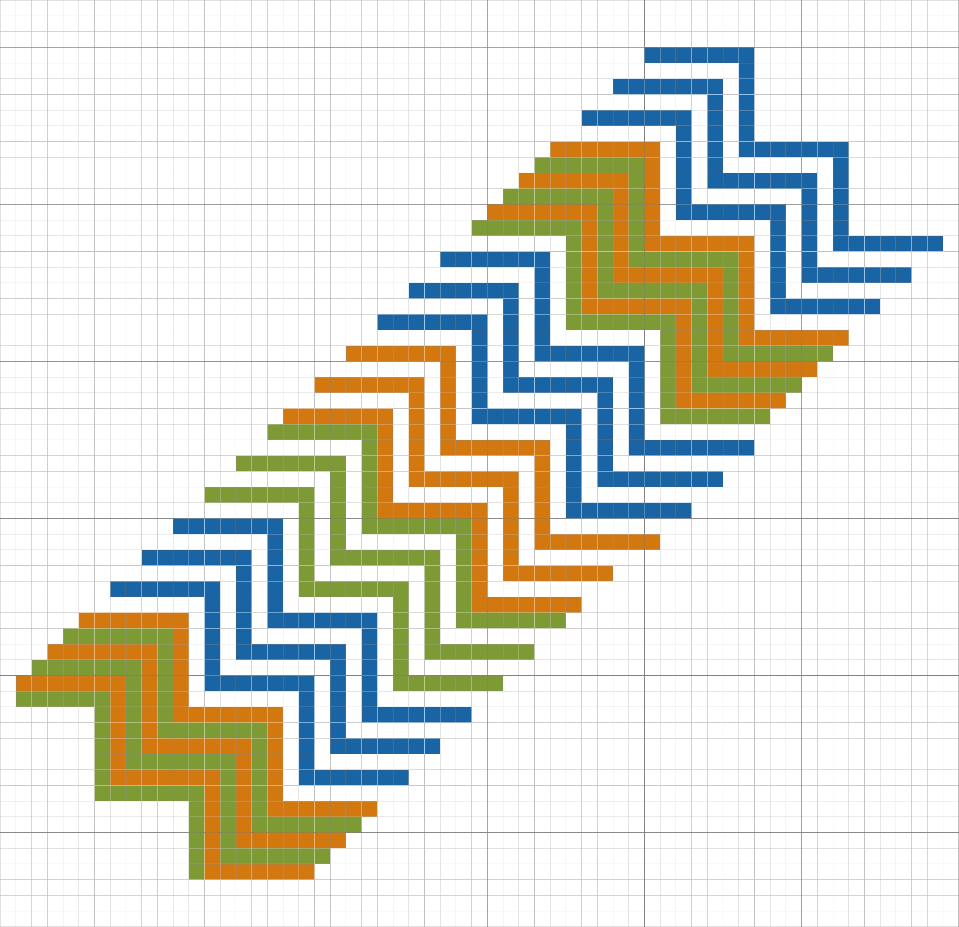 Chart of Pattern 3: A diagonal zig-zag pattern in green, bronze, dark blue, and white (chart by Gillian Vogelsang-Eastwood).