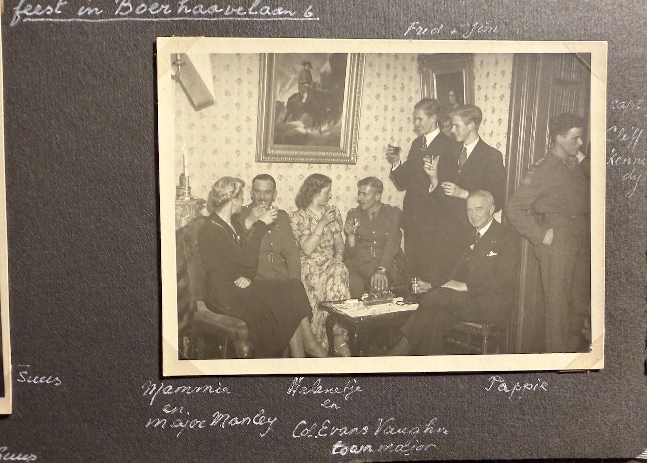 Fig. 14. Small party other liberation and after the house had been returned to the family. From left to right: Thérèse Barge-Dreesmann, Major Manley, Hélène Barge, Colonel Evans Vaughn, town mayor?, Fred and Jim Barge (both standing), Ton Barge, Cliff Kennedy. Photograph courtesy Barge/Nauta family archive.