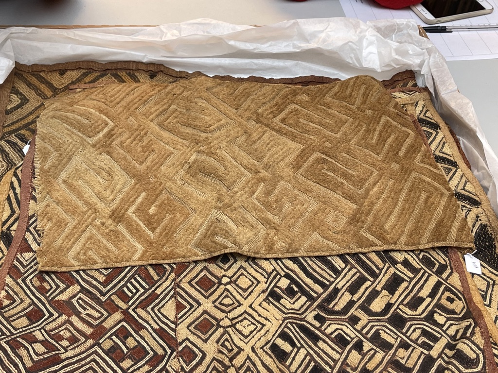 Selection of embroidered raffia cloths in the TRC collection, from the Democratic Republic of the Congo.