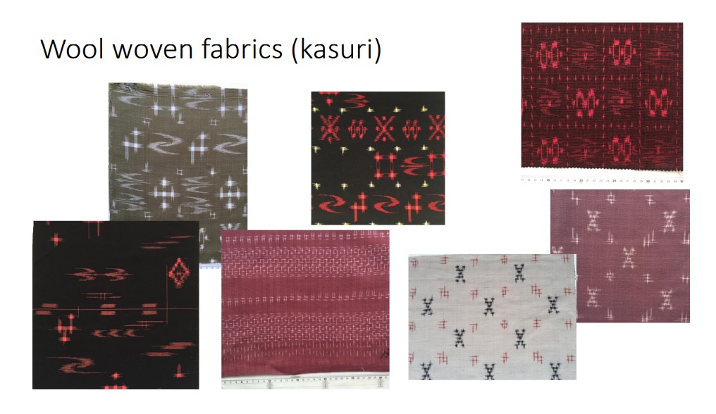 Woollen, woven fabrics, ikat (kasuri), Japan, used for (winter) kimono. Property of Keiko Okamoto.
