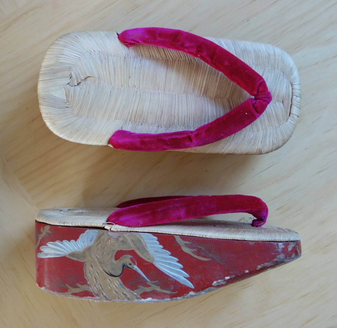 Pair of Japanese wooden shoes, 1940-1945, donated to the TRC by Keiko Okamoto.