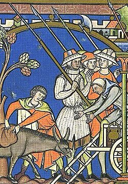 Detail from an illustration in the Morgan Bible, showing men wearing quilted gambesons.