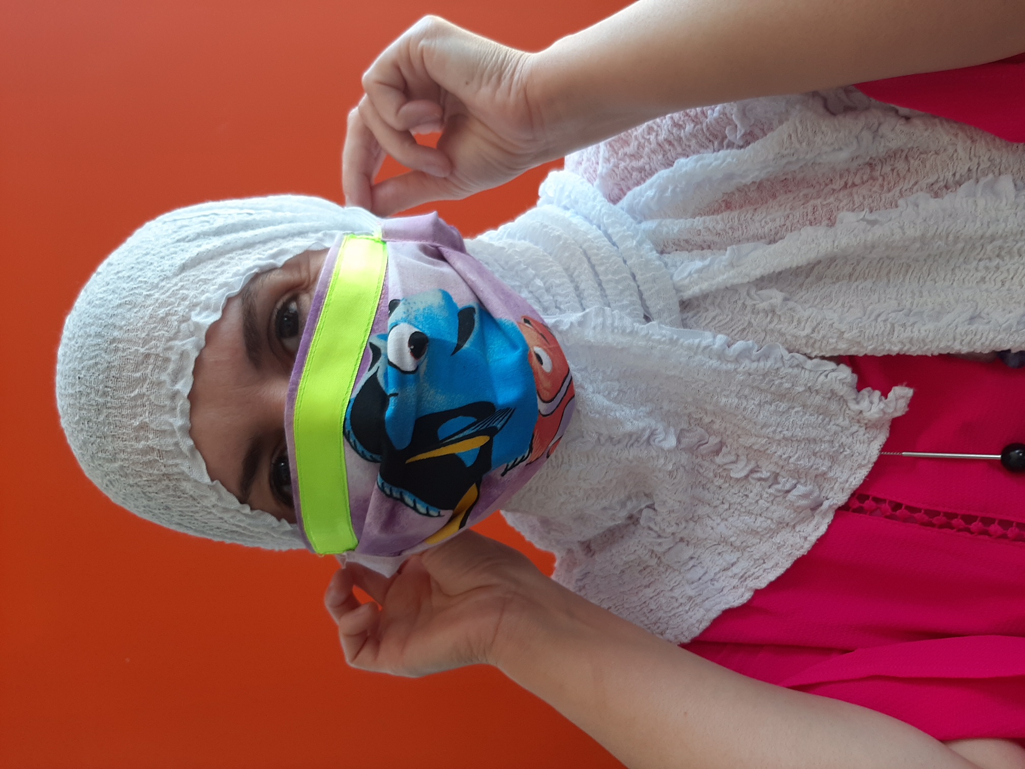 Nahla Faray wearing her winning mask for the competition organised by The World Makers Foundation and others, Amsterdam 2020.