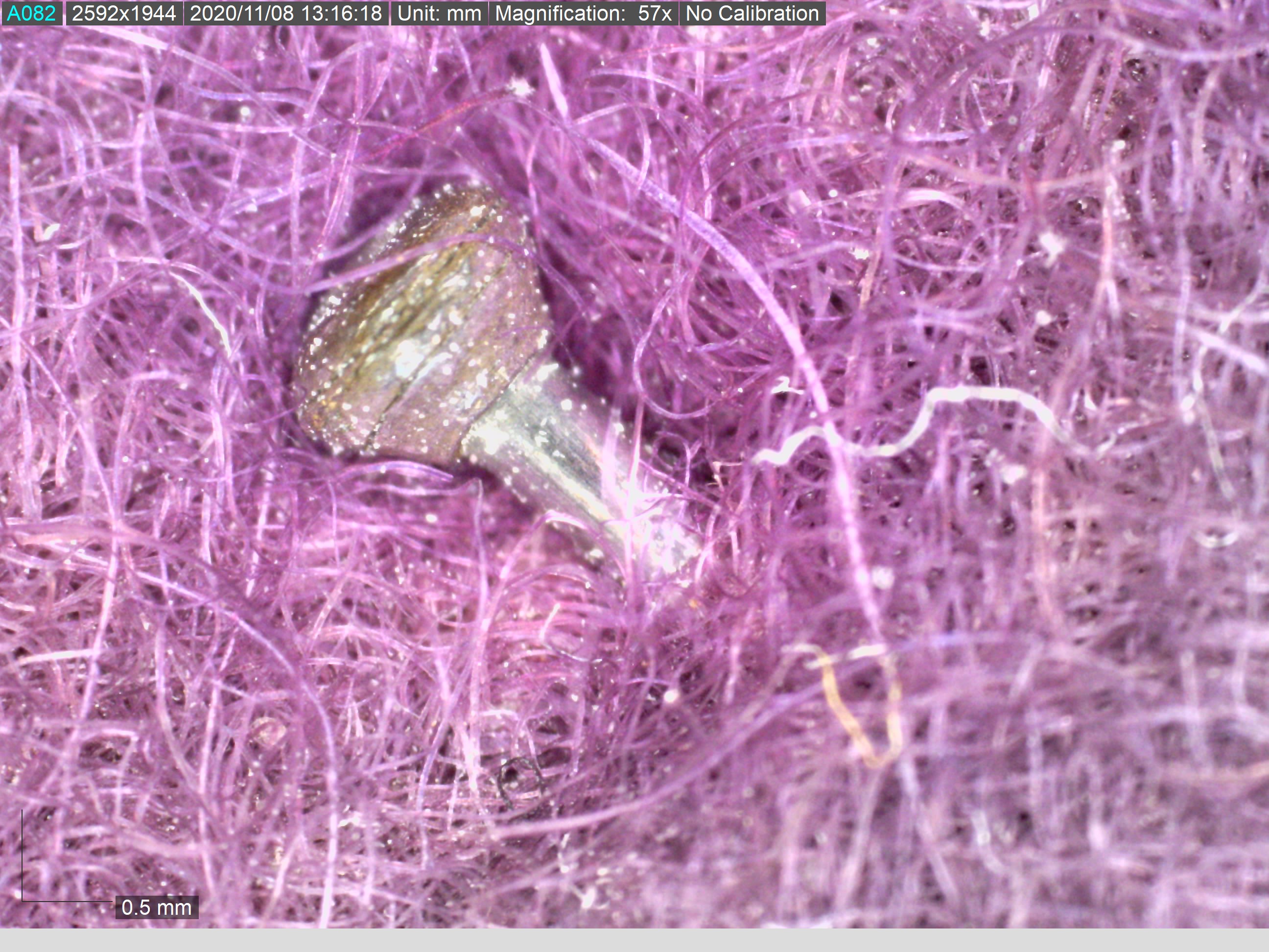 Detail of the hand made, wrapped pin head on an alleged broadcloth fragment of Napoleon's pall, magnification 57x (TRC 2020.4528).