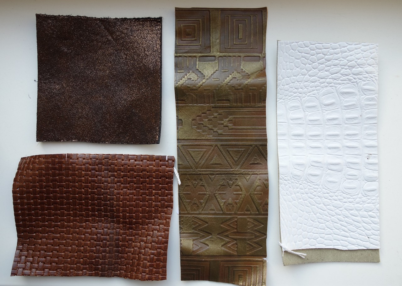 Some of the 'leather' samples: corium bonded leather with a variety of patterns.