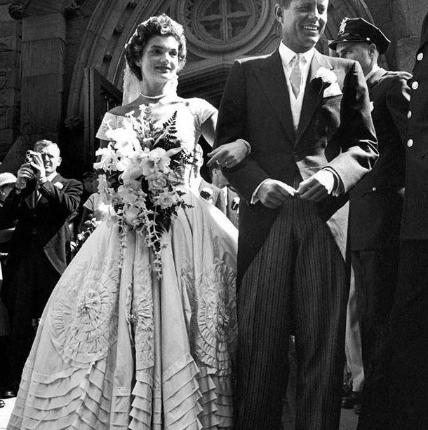 Jacqueline Kennedy in a wedding dress sewn by Ann Cole Lowe, 12 September 1953.