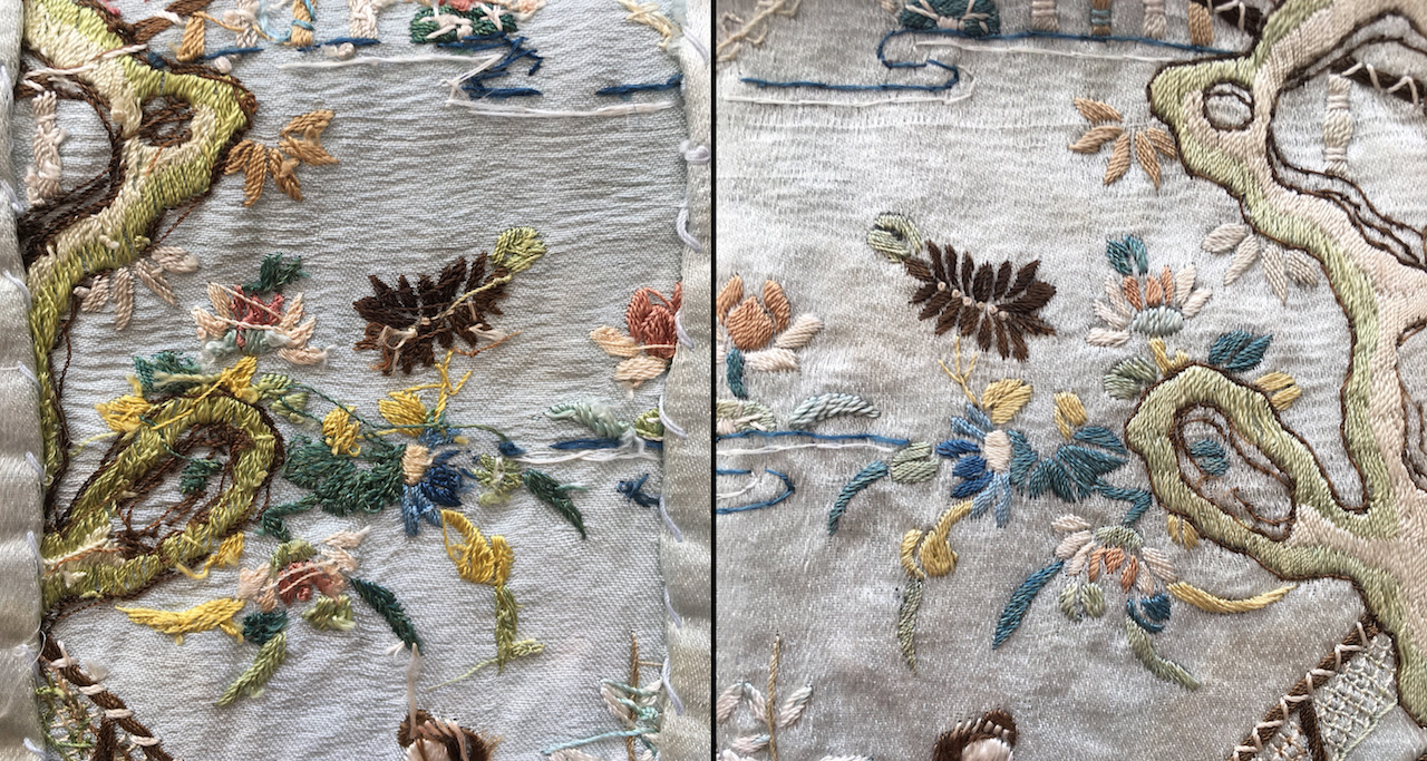 When looking at the back of this scrap (left) we see the vivid colours the embroidery once had.