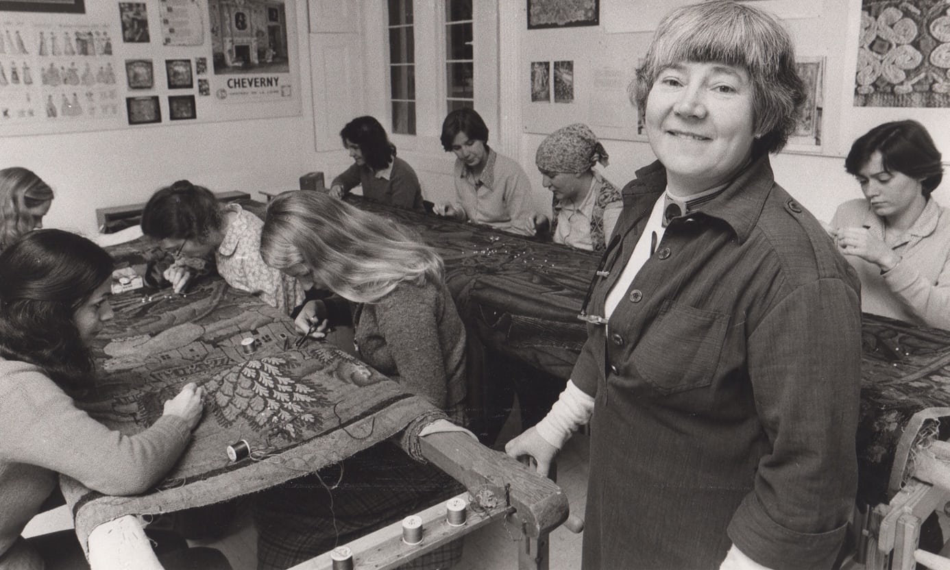 Karen Finch (1921-2018) at the Textile Conservation Centre, Hampton Court (copyright The Guardian)