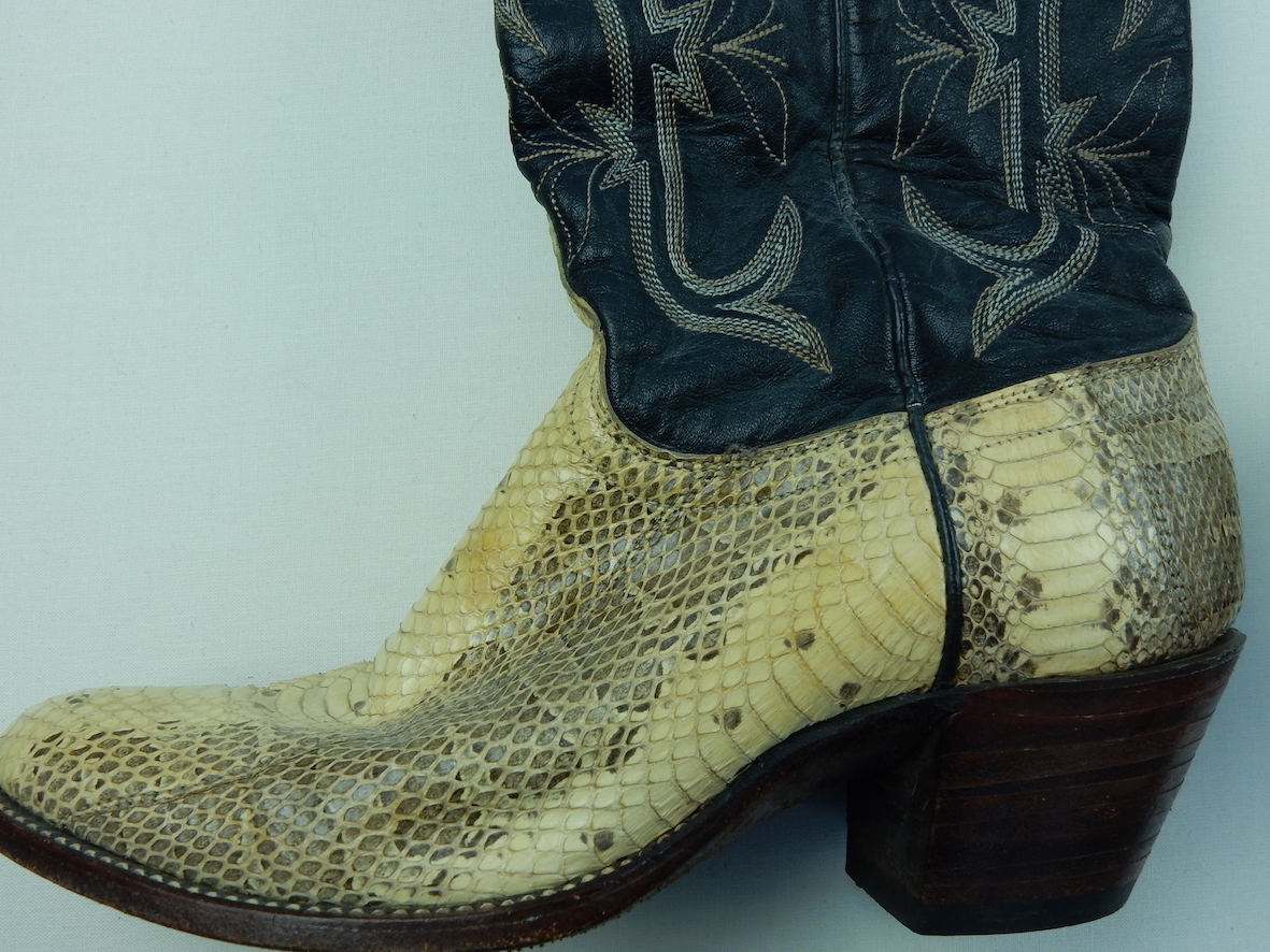 Leather and snakeskin 'cowgirl' boots. TRC 2017.0272a-b.