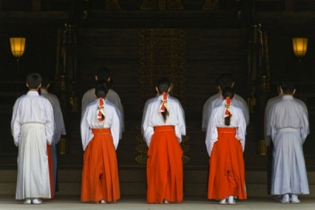 Women wearing red hakama at Shinto shrine