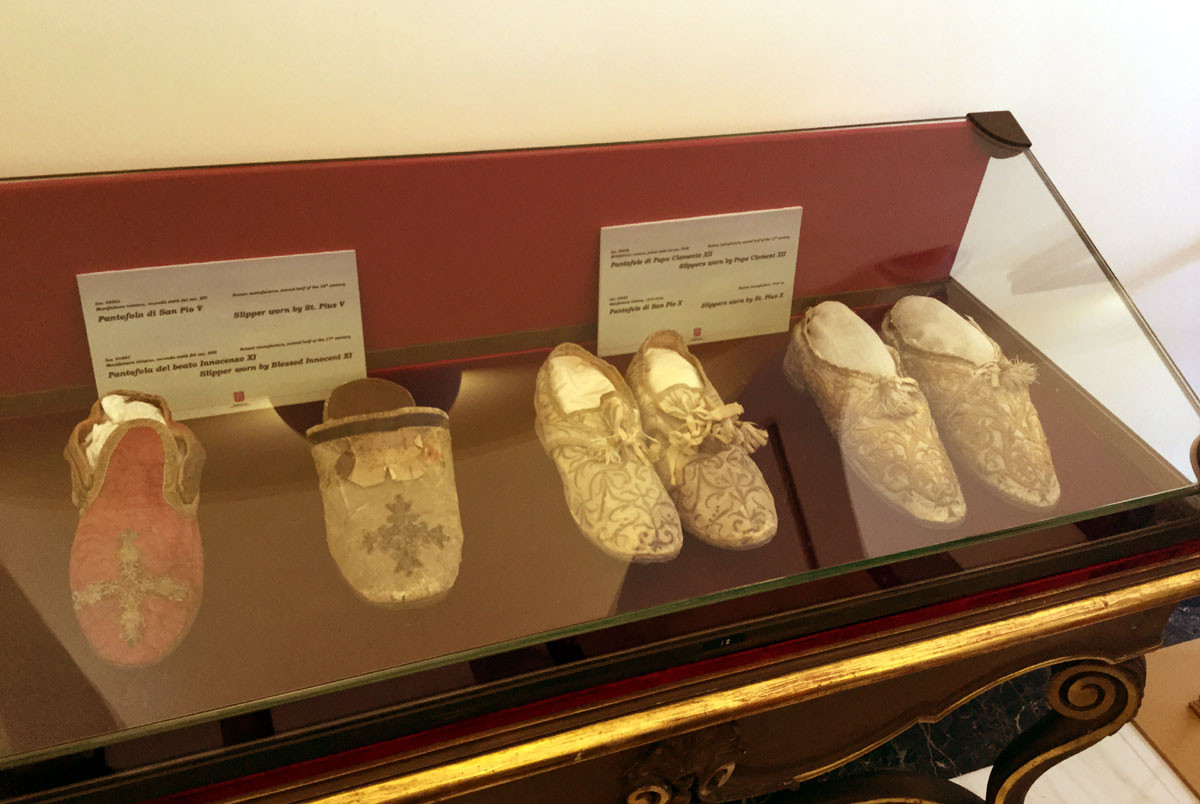 Papal slippers, on display in the museum of the Apostolic Palace, Castel Gandolfo.