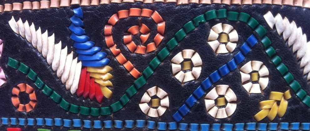 Close-up of leather-embroidered traditional Romanian belt. TRC collection.