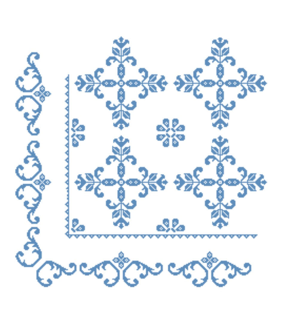 Cross stitch chart for the corner of an embroidered quilt (USA, 1950’s; TRC 2019.2926). For a detailed pdf file, please click on the image.