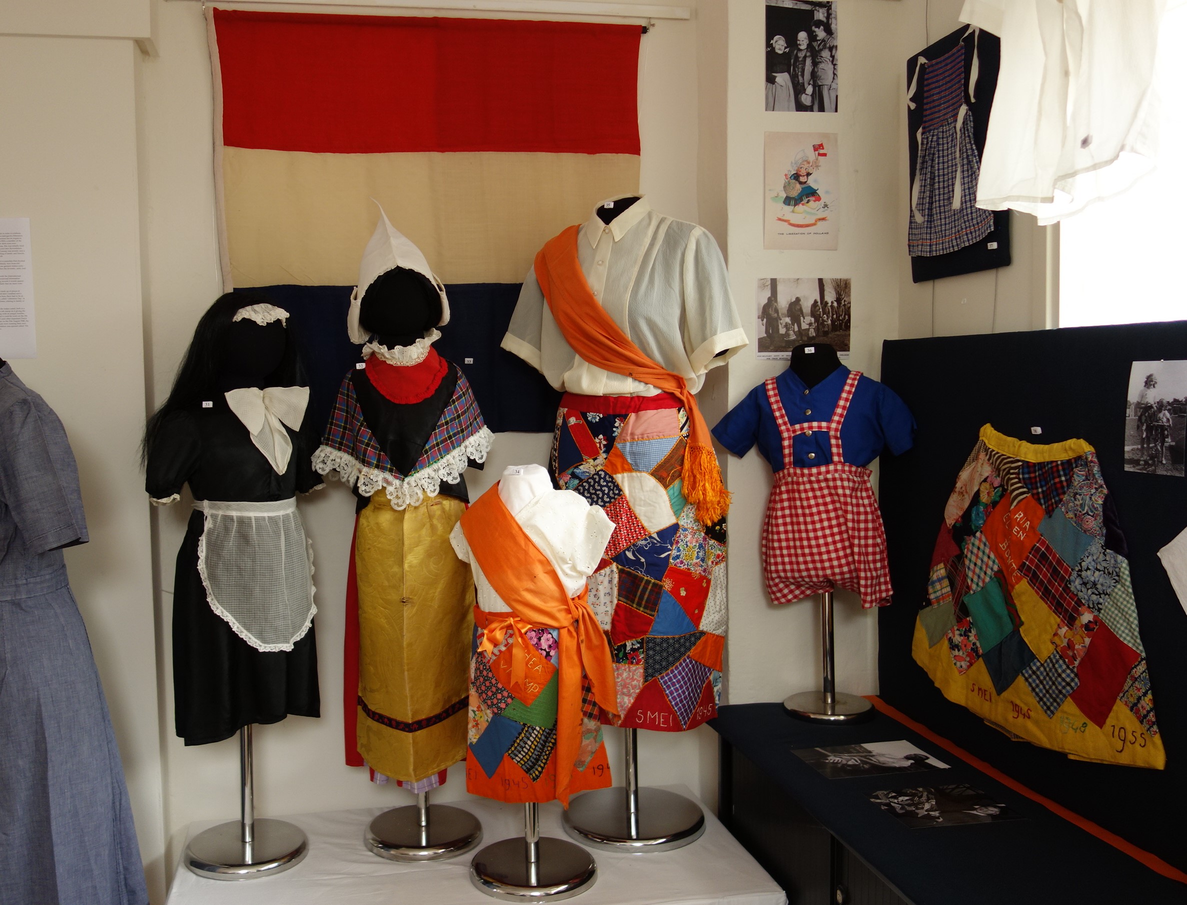 Garments worn for parties to celebrate Liberation and Reconciliation after the defeat of Nazi Germany. Two of the garments were worn at parties in Leiden.